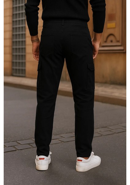 Erkek Bol Paça Trend Yüksek Bel Siyah Kargo Pantolon