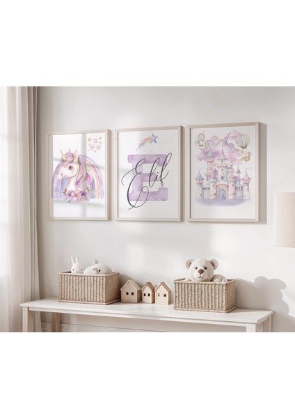 Unicorn Temalı Kişiye Özel Isimli 3'lü Çocuk Odası Dekoratif Poster Seti - Çerçevesiz