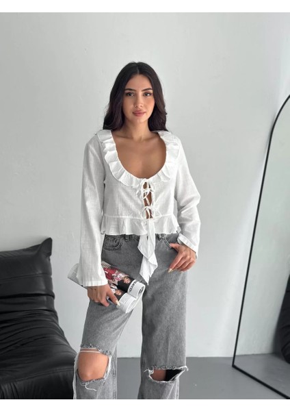 Keten Uzun Kol Bağacık Detaylı Bluz - Beyaz modelleri