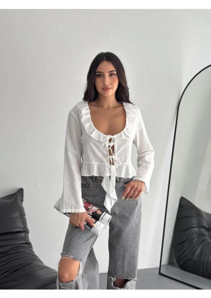 Keten Uzun Kol Bağacık Detaylı Bluz - Beyaz fırsatları