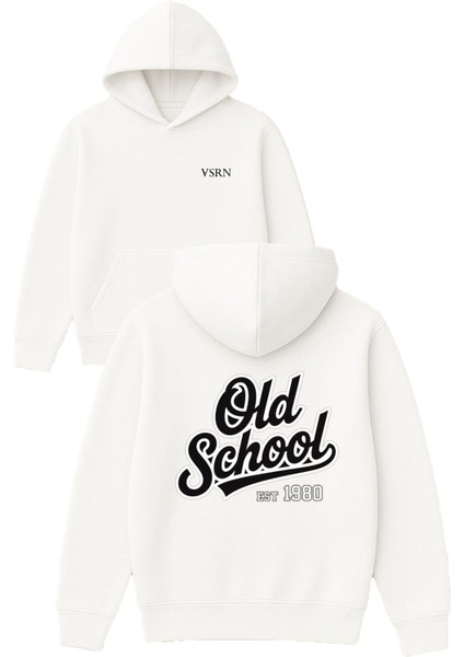 Old Schl 1980 Tasarım Baskılı Oversize Beyaz Kapüşonlu Sweatshirt