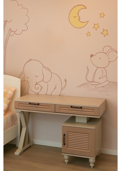 Masal Çalışma Masası | MDF Gövde | Ağaç Ayaklar | REHAU Kaplama Kapak ve Çekmecelerle Zarif Görünüm