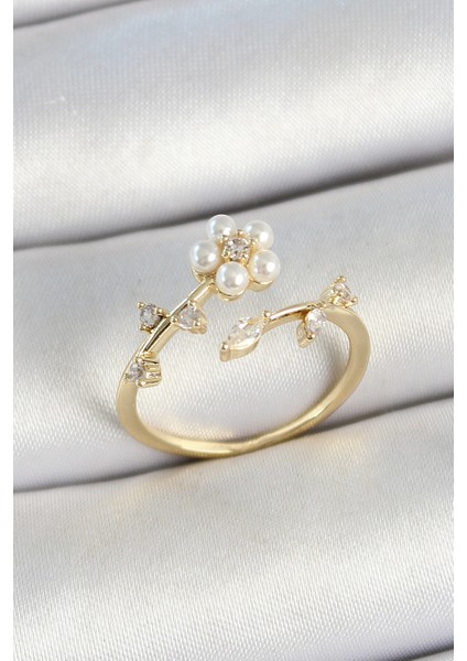 Pirinç İnci Detaylı Papatya Figürlü Zirkon Taşlı Gold Renk Ayarlanabilir Kadın Yüzük