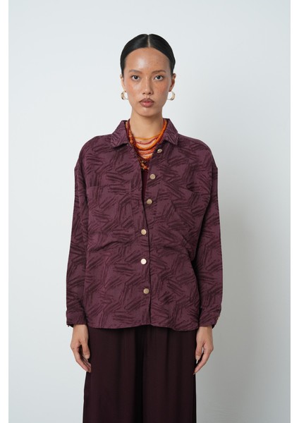 Kadın Bordo Renk Çift Cepli Desenli Gömlek - Ceket