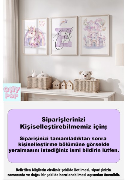 Unicorn Temalı Kişiye Özel Isimli 3'lü Çocuk Odası Dekoratif Poster Seti - Çerçevesiz