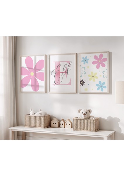 Papatya Temalı Kişiye Özel Isimli 3'lü Çocuk Odası Dekoratif Poster Seti - Çerçevesiz