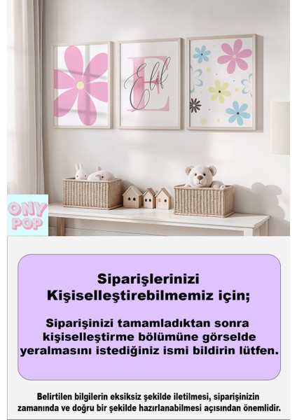 Papatya Temalı Kişiye Özel Isimli 3'lü Çocuk Odası Dekoratif Poster Seti - Çerçevesiz