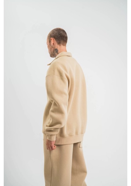 Unisex Double Oversize Patlı Yaka Sweatshirt - Bej fiyatları