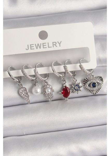 Pirinç Gümüş Renk Sallantı Zirkon Taşlı Fatma Ana El Figür Kadın Küpe Seti - TJ-BKP10117 fiyatları