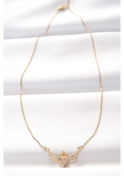 316L Çelik Gold Renk Zirkon Taşlı Kalpli Kanat Kolye - TJ-BKO8516