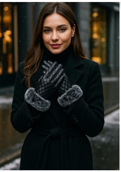 Kadın Siyah Deri Leopar Kürk Detaylı Eldiven