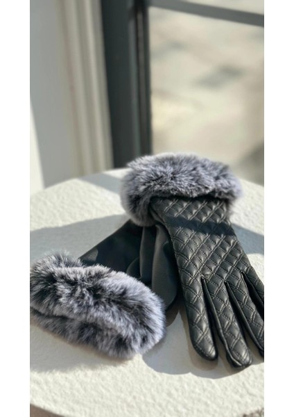 Kadın Siyah Deri Leopar Kürk Detaylı Eldiven fırsatları