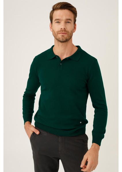 Petrol Standart Fit Dar Kalıp Polo Yaka Düz Uzun Kollu Triko