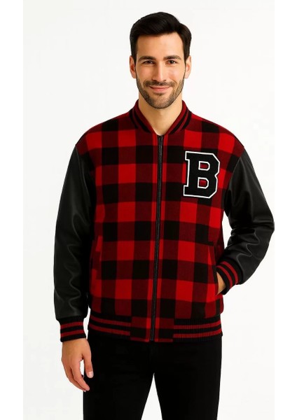 Erkek Kolej Ceket – Kareli Oduncu Kumaş, Kolları Suni Deri, Fermuarlı, Içi Kapitone Astarlı, Nakışlı Oversize Bahar & Kış Stil - Bordo