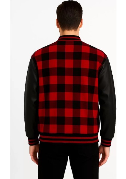 Erkek Kolej Ceket – Kareli Oduncu Kumaş, Kolları Suni Deri, Fermuarlı, Içi Kapitone Astarlı, Nakışlı Oversize Bahar & Kış Stil - Bordo fiyatları