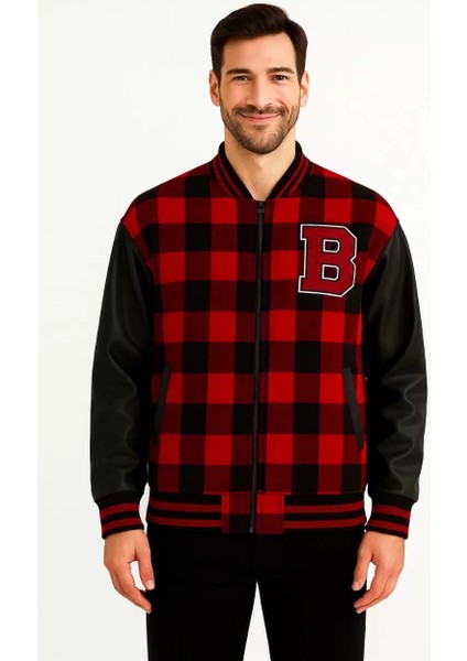 Erkek Kolej Ceket – Kareli Oduncu Kumaş, Kolları Suni Deri, Fermuarlı, Içi Kapitone Astarlı, Nakışlı Oversize Bahar & Kış Stil - Bordo modelleri