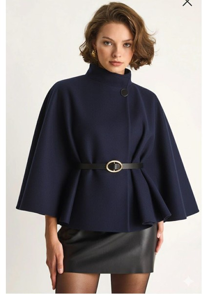 Kadın Kemerli Kaşe Panço- Lacivert