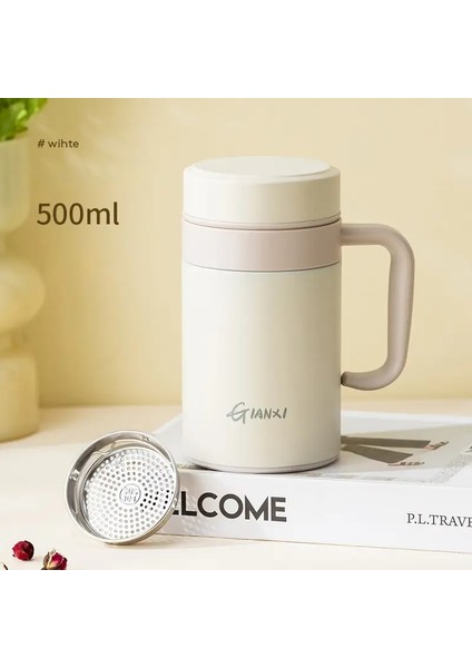 Gianxi Kadınlar Saf Renk Kesin Büyük Kalibre Termos Kupası Kış Büyük Kapasiteli Su Kupası Çay Suyu Ayırma Kayışı Sap Kupa Kapasite: 500ML/RENK: Beyaz 500ML (Yurt Dışından)