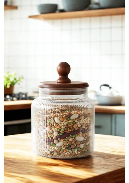 Valden Cam Akasya Vakum Kapaklı Saklama Kabı – Çay Kahve Bakliyat Kavanozu 900 ml