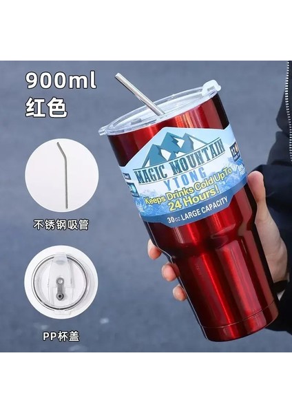 Sihirli Paslanmaz Çelik Dondurucu Termos Kupası Saman Buz Kahve Içecek Vakum Yalıtımlı Şişe Araç Seyahat Açık Dağ Kupası Kapasite: 900ML/RENK: A1 (Yurt Dışından)