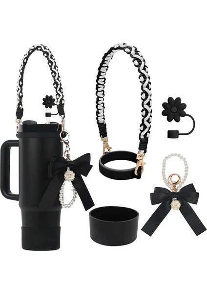 Kupa Aksesuarları Seti - Inci Zinciri Örgülü Tasarım Su Şişesi Saplı Kayış, Stanleycolor Için Silikon Koruyucu Kupa Botu: Siyah Dahil (Yurt Dışından)