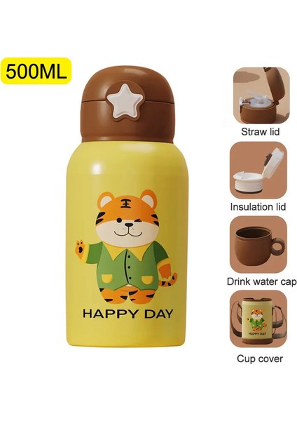500ML Karikatür Çocukları Kayışlı Su Şişesi Termal Şişe Paslanmaz Çelik Vakum Flacks Termos Kupa Okul Çocuk Hediye Kupa: 500ML/RENK: Kahve (Yurt Dışından)