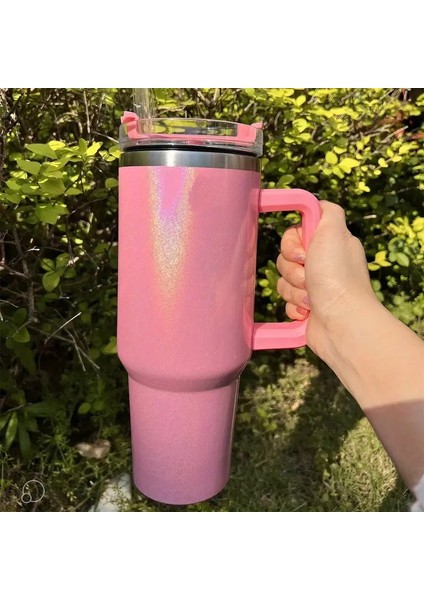 Sıcak ve Soğuk Içecekler Için Saplı ve Saman Yalıtılmış Yalıtımlı Gökkuşağı Boya Seyahat Kupası Dış Mekan Kapasitesi: 1000-1200ML/RENK: Pembe (Yurt Dışından)