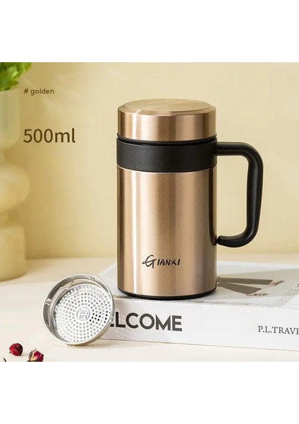 Gianxi Kadınlar Saf Renk Kesin Büyük Kalibre Termos Kupası Kış Büyük Kapasiteli Su Kupası Çay Suyu Ayırma Kayışı Sap Kupa Kapasite: 500ML/RENK: Altın 500ML (Yurt Dışından)