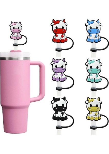 1/7 Adet Pembe Inek Saman Kapağı Kapak Kurı Için Aksesuarlar, 8mm Silikon Toz Geçirmez Saman Topper, Yeniden Kullanılabilir Içme Saman Kapağı Cazibesi Renk: Inek 7pcs (Yurt Dışından)