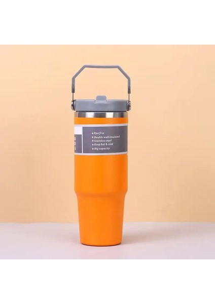 30 Oz Büyük Kapasiteli Taşınabilir Araba Dağı Paslanmaz Çelik Termos Fincan Saman Saplı Seyahat Sporu Su Şişesi Vakum Şişesi Kapasite: 801-900ML/RENK: Turuncu (Yurt Dışından)