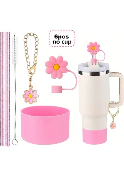 6pcs Tumbler Cup Aksesuarları 2 Adet Glitter 10MM Saman, Çiçek Anahtar Kraveti 10MM Stanleycolor Için 10MM Çiçek Saman Topper Kapak: Pembe (Yurt Dışından)
