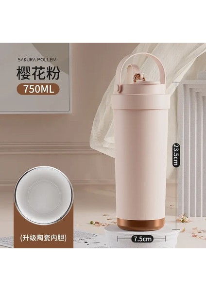 Saman ve Kadınlar Için Yüksek Değerli Büyük Kapasiteli Seramik Astar Termos Kupası, Pipetle Taşınabilir, Çift Içme Kahve Fincanı Kapasite: 750ML/RENK: Pembe (Yurt Dışından)