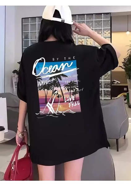 Kadınlar Için Geniş Kesim Tişört - Kısa Kollu, Bol Kesim, Manzaralı Okyanus Baskı, Günlük Yazlık Üst, Siyah- Siyah