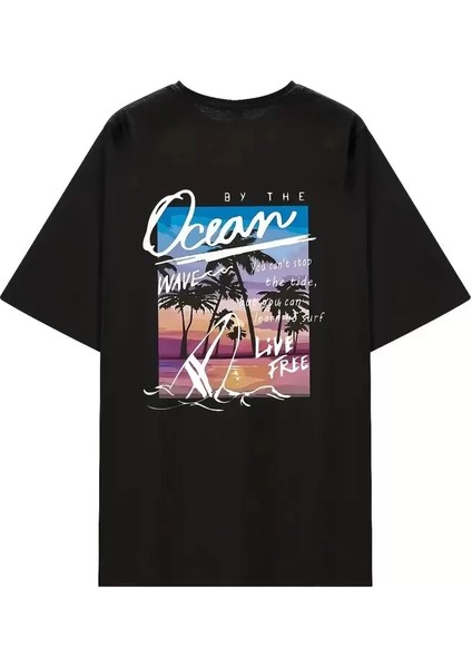 Kadınlar Için Geniş Kesim Tişört - Kısa Kollu, Bol Kesim, Manzaralı Okyanus Baskı, Günlük Yazlık Üst, Siyah- Siyah modelleri