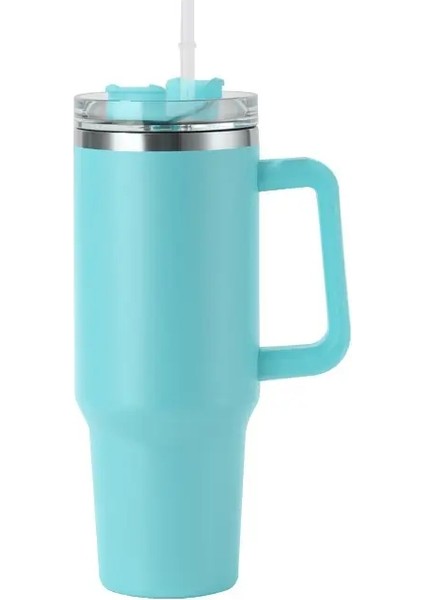 40 Oz Paslanmaz Çelik Yalıtımlı Su Şişesi Saplı Içme Dakları, Yaz Için Kapak Saman Kupası ile Soğuk Dak Tutar Dış Mekan Kapasitesi: 1200ML/RENK: Tiffiny Mavisi (Yurt Dışından)