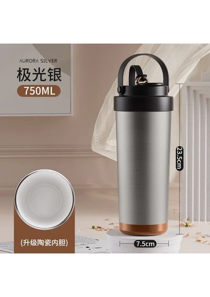 Saman ve Kadınlar Için Yüksek Değerli Büyük Kapasiteli Seramik Astar Termos Kupası, Pipetle Taşınabilir, Çift Içme Kahve Fincanı Kapasite: 750ML/RENK: Gümüş (Yurt Dışından)