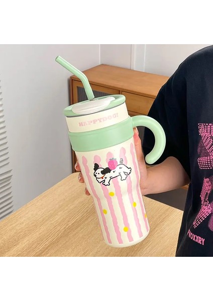 700ML/1.2L Saplı Kapak Saman Sevimli Kedi Termos Fincan Paslanmaz Çelik Su Şişesi Açık Seyahat Araba Kahve Kupa Hediye Kupa: 601-700ML/RENK: Yeşil (Yurt Dışından)