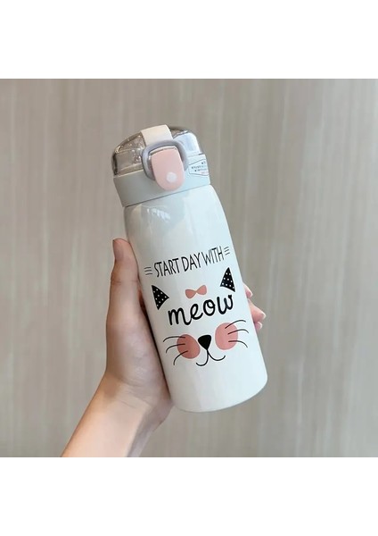 350ML/500ML Karikatür Kedi Paslanmaz Çelik Vakum Şişesi Samansız Portatif Çocuklarla Termos Kupa Termal Su Şişesi Tumbler Kapasite: 350ML/RENK: Beyaz (Yurt Dışından)