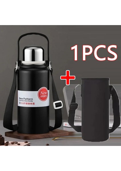 2000ML Termal Su Şişesi Saman Paslanmaz Çelik Termos Şişesi ile Büyük Kapasite Soğuk ve Sıcak Su Şişesi Spor Termos Kupası Kapasite: 1580ML/RENK: Çanta Kupası ile Siyah (Yurt Dışından)