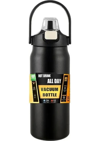 Saman Paslanmaz Çelikli Taşınabilir Termos Termal Kupa Tumbler Kahve Kupası Spor Vakum Şişeler Soğuk ve Sıcak 304 Su Şişesi Kapasitesi: 1200ML/RENK: Siyah (Yurt Dışından)