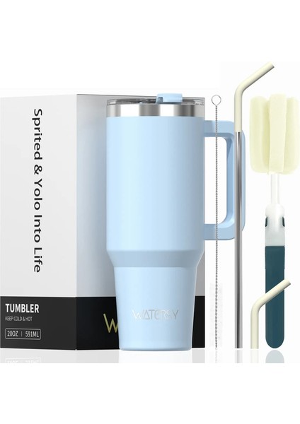 30 Oz 40 Oz Paslanmaz Çelik Termal Kap Saplı ve Saman Kapaklı Büyük Kapasiteli Yalıtılmış Kupa, Kapak Çift Vakum Arabası Tumklercapity: 591ML/RENK: Açık Mavi (Yurt Dışından)