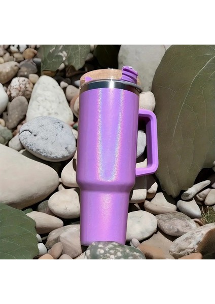 Sıcak ve Soğuk Içecekler Için Saplı ve Saman Yalıtılmış Yalıtımlı Gökkuşağı Boya Seyahat Kupası Dış Mekan Kupası: 1000-1200ML/RENK: Mor (Yurt Dışından)