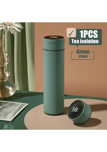 480ML Akıllı Termos Kupası 304 Akıllı Sıcaklık Ekran ve Su Geçirmez Tasarım Kapasitesi ile Paslanmaz Çelik Çift Duvarlı Vakum: 480ML/RENK: Yeşil (Yurt Dışından)