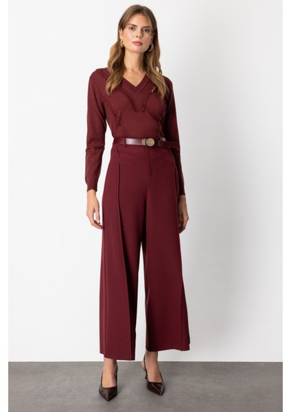 Kadın Beli Kemerli Bol Paça Pantolon 64133 Bordo