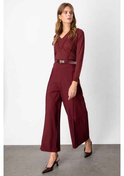 Kadın Beli Kemerli Bol Paça Pantolon 64133 Bordo fiyatları