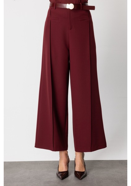 Kadın Beli Kemerli Bol Paça Pantolon 64133 Bordo modelleri