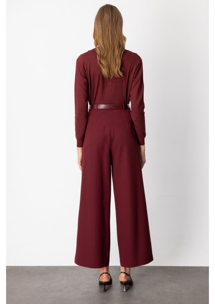 Kadın Beli Kemerli Bol Paça Pantolon 64133 Bordo fırsatları