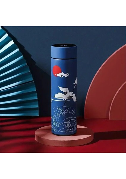 Retro Akıllı Sıcaklık Ekran Yalıtımlı Kupa, Çin Tarzı Termal Su Şişesi, Paslanmaz Çelik Su Keklik: 500ML/RENK: Mavi (Yurt Dışından)