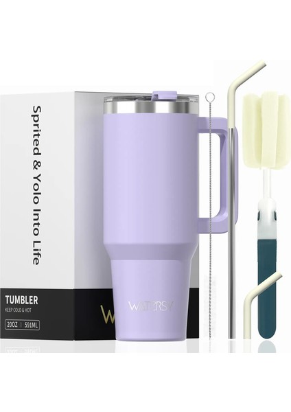 591ML Paslanmaz Çelik Yalıtımlı Kupa Sap ve Samanlı 20OZ Tumbler Soğuk ve Sıcak Termal Kupa Taşınabilir Araç Seyahat Kupa Kapasite: 591ML/RENK: Mor (Yurt Dışından)