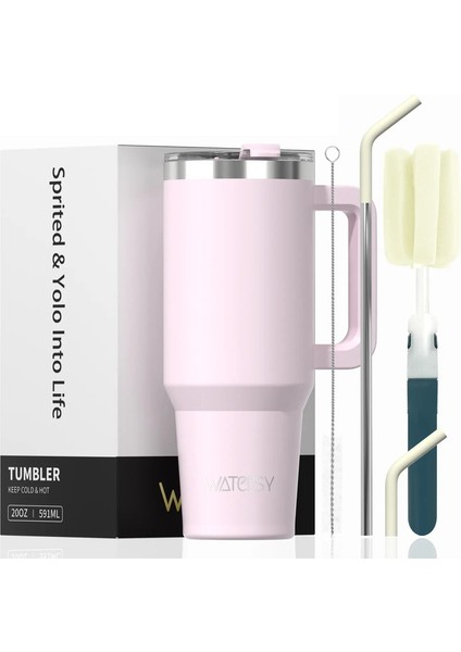 591ML Paslanmaz Çelik Yalıtımlı Kupa Sap ve Samanlı 20OZ Tumbler Soğuk ve Sıcak Termal Kupa Taşınabilir Araba Seyahat Kupa Kapasitesi: 591ML/RENK: Pembe (Yurt Dışından)